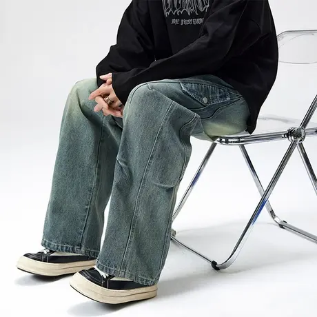 Nuthink美式复古宽松水洗阔腿牛仔裤男潮牌秋季休闲直筒裤男裤图片