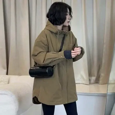 欧货高级感小众加厚连帽大衣棉服女冬季中长款夹棉风衣外套图片