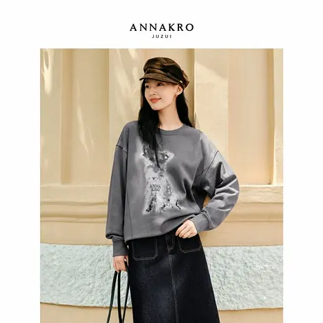 玖姿安娜蔻美式慵懒风抽象小狗蜡洗毛圈廓形卫衣女2025秋季新款图片