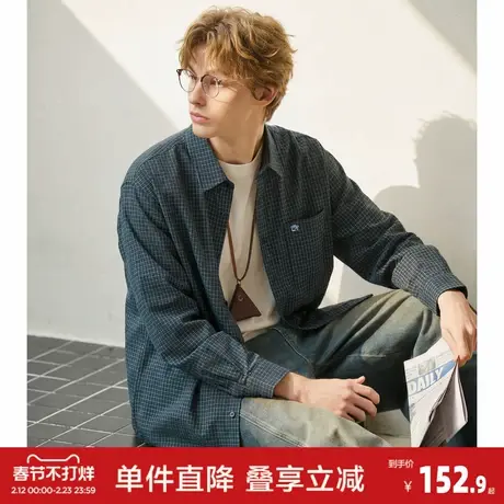 唐狮2026春季新款男格纹长袖衬衫藏青色潮流宽松上衣早春穿搭时尚图片