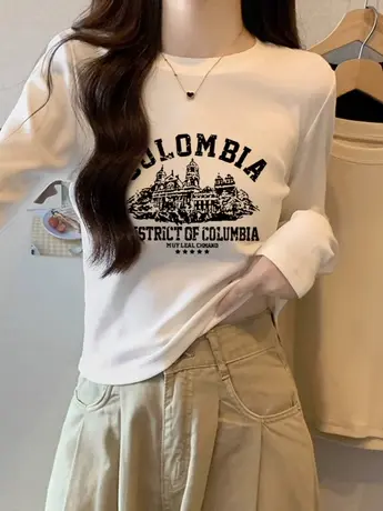 初秋仿棉长袖t恤女2023新款秋冬季圆领宽松上衣修身内搭打底衫商品大图