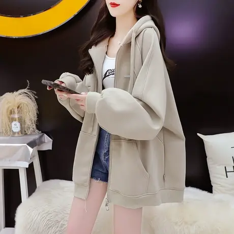 加绒加厚连帽卫衣开衫外套女2023新款秋冬宽松休闲百搭慵懒风上衣图片