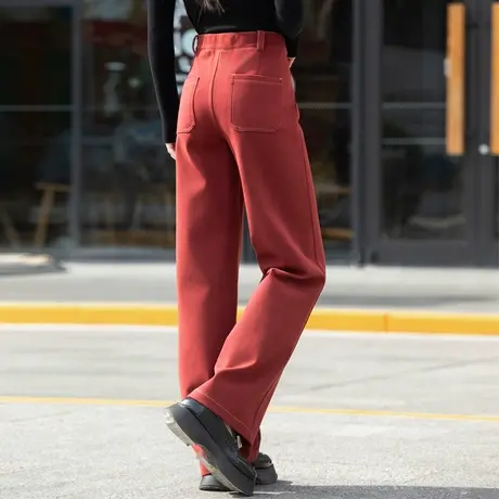 酒红色裤子女秋冬款2023年新款直筒裤休闲裤女裤毛呢阔腿裤长裤子商品大图