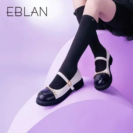 伊伴春季女鞋休闲拼色低跟玛丽珍鞋舒适浅口鞋一字带单鞋皮鞋商品大图