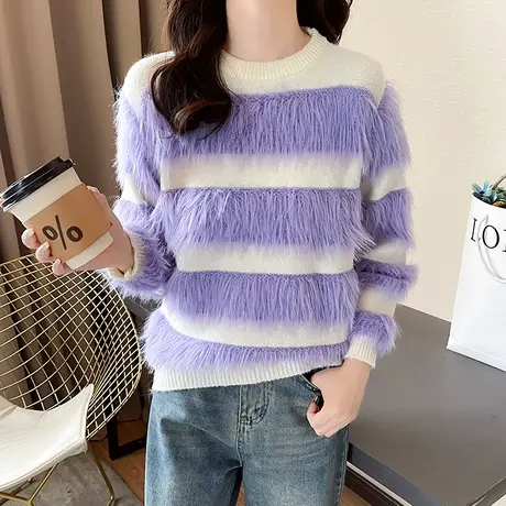 2023秋冬新款条纹毛衣女加厚温柔风慵懒风水貂绒软糯针织外穿上衣图片