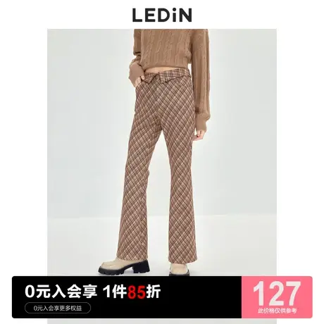 乐町设计感格纹喇叭裤休闲冬季复古美式设计感休闲裤棕色裤子商品大图