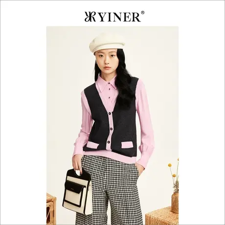 YINER音儿女装冬季单排扣拼接假两件羊毛针织衫上衣商品大图