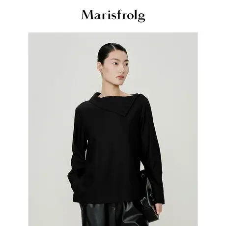 【天然亲肤系列】玛丝菲尔冬季新款黑色小翻领羊毛打底衬衣商品大图