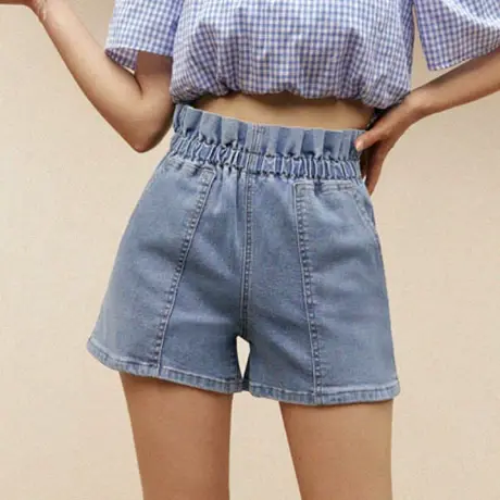 桔熊夏季休闲宽松牛仔裤子女松紧花苞高腰短裤胖妹妹大码BA7277图片