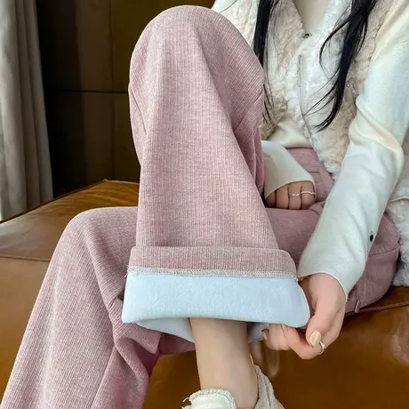 粉色阔腿西装裤女2023冬季新款高腰直筒垂感加绒慵懒休闲拖地长裤商品大图