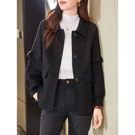 宝诗黎翻领亮片单排扣针织开衫宽松口袋上衣女秋季外套2025新款图片