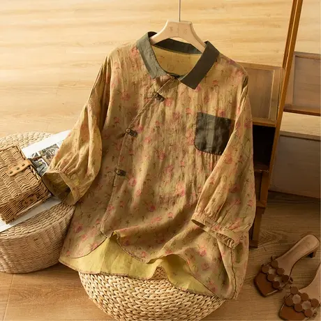 享永子七分袖碎花苎麻衬衫女夏文艺复古宽松斜襟国风上衣2023新款商品大图