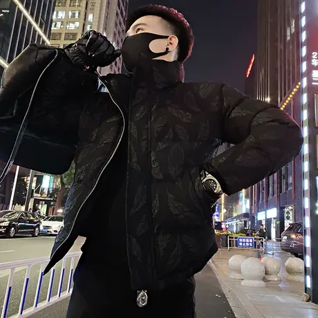 潮牌棉服外套男秋冬纯色个性重工立体羽毛提花设计感网红高级棉衣商品大图