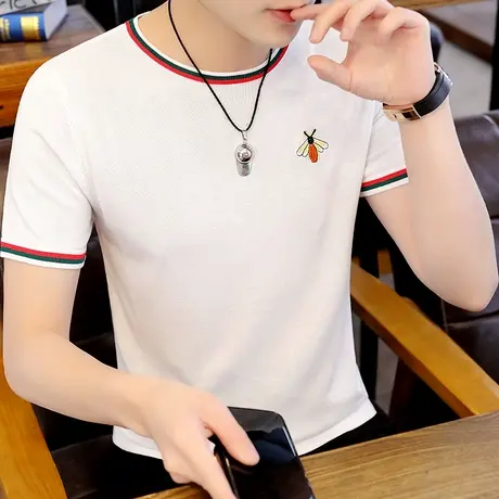 短袖男t恤夏季冰丝潮流刺绣上衣圆领韩版薄款情侣装2021新款体恤商品大图