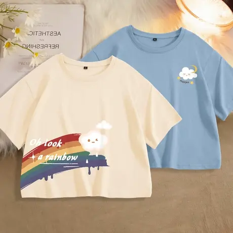 真维斯LIFE杏色短款t恤女小个子高腰上衣2023新款纯棉夏季短袖潮商品大图