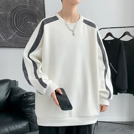 圆领长袖t恤男春秋款撞色条纹拼接卫衣男潮牌青少年休闲宽松上衣商品大图