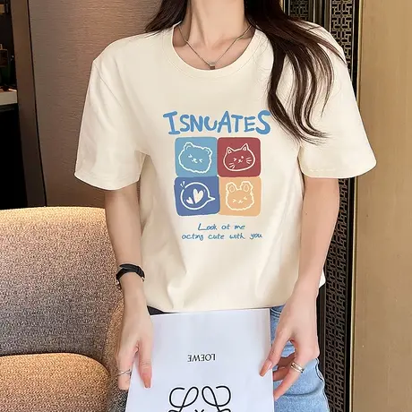 VR真维斯米白色短袖t恤女夏季2023新款纯棉百搭宽松显瘦显白上衣V商品大图