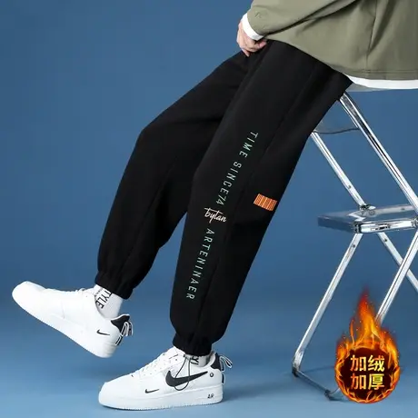 休闲裤子男秋冬款潮流字母刺绣运动裤男潮牌宽松加绒加厚束脚卫裤商品大图