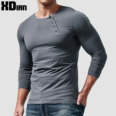 美式复古亨利衫男长袖t恤纯棉修身个性纯色春秋薄款亨利领打底衫图片