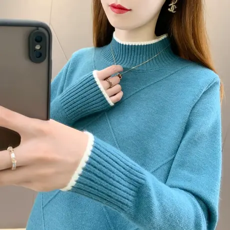 半高领毛衣女2024春季新款短款宽松拼色套头内搭针织衫打底上衣潮商品大图