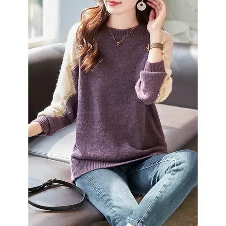 宝诗黎圆领亮丝撞色长袖针织衫宽松慵懒女士套头毛衣2024春秋新款商品大图