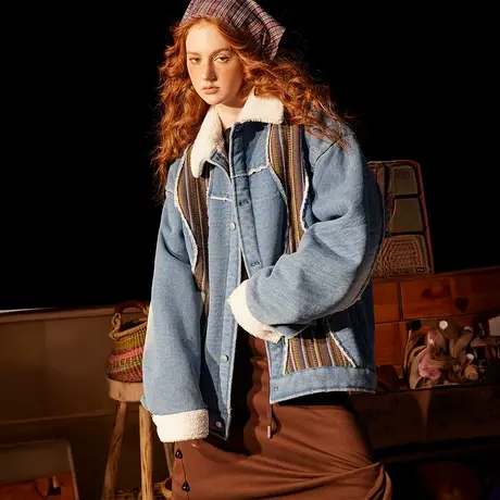 复古拼接棉服女冬季加厚羊羔毛外套2023年新款设计感潮牌宽松棉衣商品大图