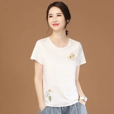 韩潮袭人圆领刺绣白色短袖T恤女2023夏季新款休闲显瘦正肩体恤衫图片