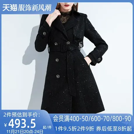 AUI小香风中长款外套女秋冬2022年新款欧货高端气质黑色修身大衣图片