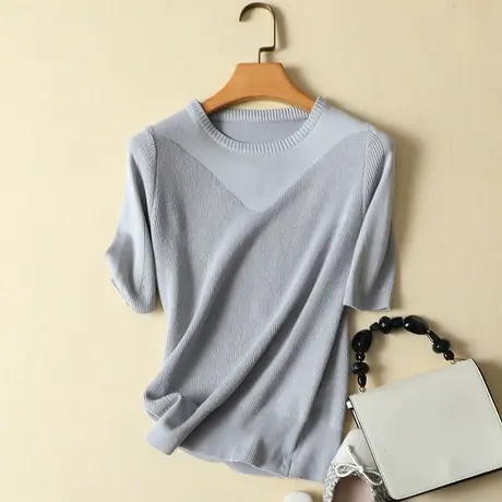 冰丝针织衫短袖t恤女春装2024年新款圆领宽松显瘦薄款打底衫上衣商品大图