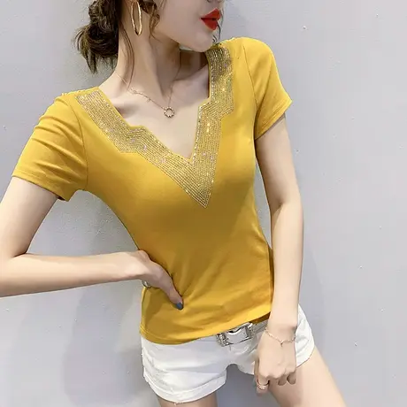 女装2024新款潮时尚烫钻V领T恤女短袖夏网纱拼接上衣性感露背小衫商品大图