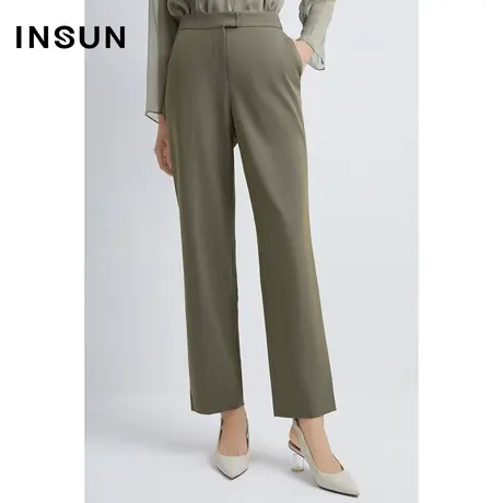 INSUN恩裳秋季绿色垂坠直筒休闲裤图片