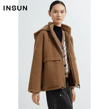 INSUN恩裳冬季连帽口袋羊驼羊毛外套图片