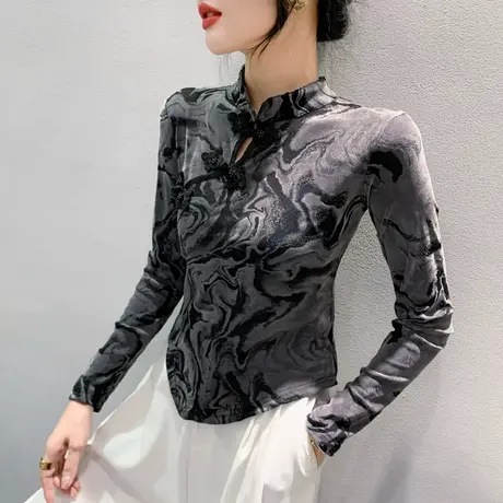 复古立领上衣女长袖2024秋季新款不规则开叉T恤时尚收腰打底衫潮商品大图