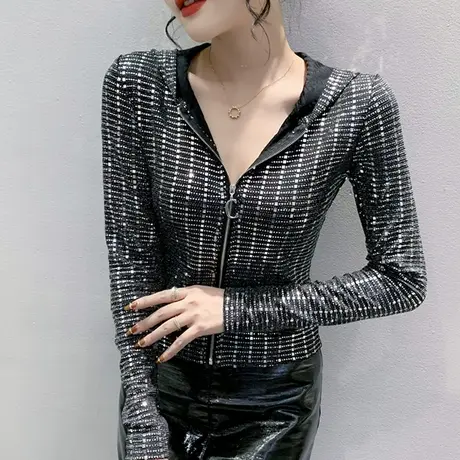 网红拉链连帽短外套女秋装2024新款设计感闪亮片上衣高腰长袖开衫图片