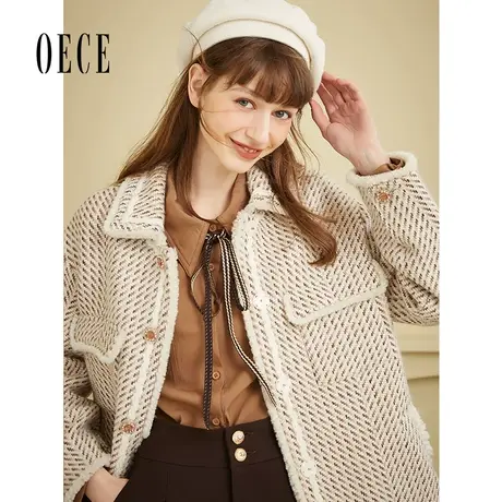 Oece冬装新款女复古毛呢外套小香风气质小个子呢大衣商品大图