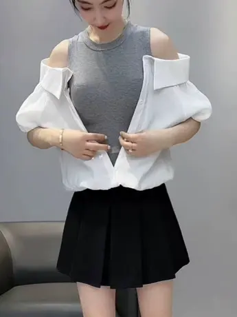 假两件衬衫女装夏季2023新款设计感小衫拼接露肩宽松短袖衬衣上衣商品大图