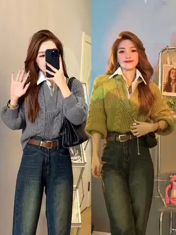 法式POLO领假两件设计小众毛衣女欧洲站2023新款修身百搭气质上衣商品大图