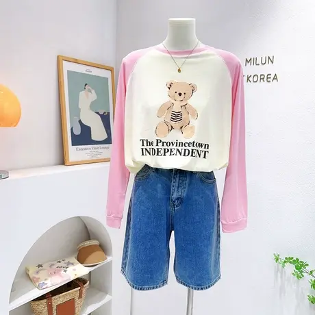 2023夏季新款防晒罩衫韩国东大门ins小熊粉拼色薄款长袖T恤清爽商品大图