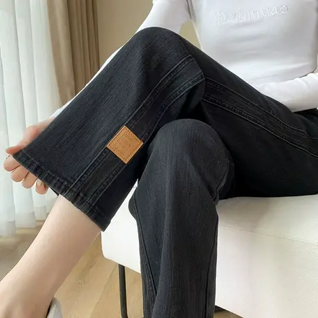 黑色直筒牛仔裤女秋冬加绒显瘦宽松高腰裤子春秋九分小个子烟管裤商品大图
