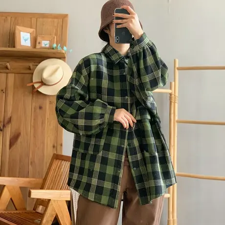 dza 复古宽松中长款翻领加绒衬衫外套女秋冬外搭格子衬衫休闲上衣商品大图