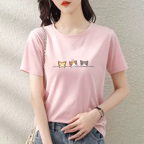 粉色短袖t恤女夏装2022年新款宽松半袖体恤女上衣服韩版百搭ins潮图片