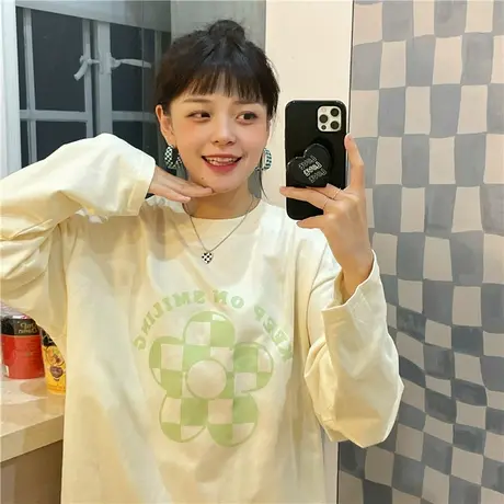 红续纯棉长袖t恤女宽松韩版学生复古休闲原宿ins潮港风棋盘格上衣图片