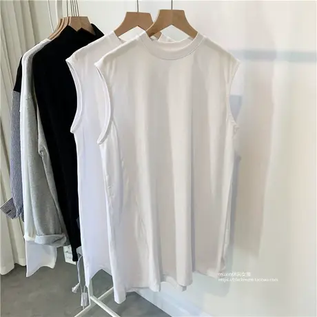 搭配卫衣毛衣露白边 中长款侧开叉白色无袖打底衫春秋季叠穿t恤商品大图