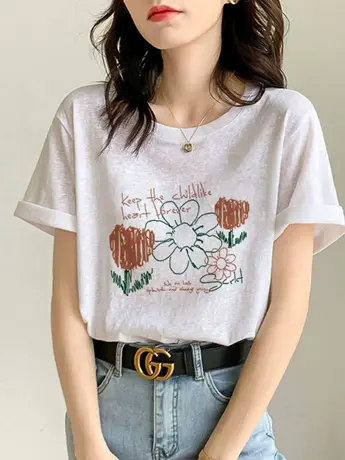 白色仿棉短袖t恤女2023新款夏季韩版宽松大码女装百搭潮牌上衣服商品大图