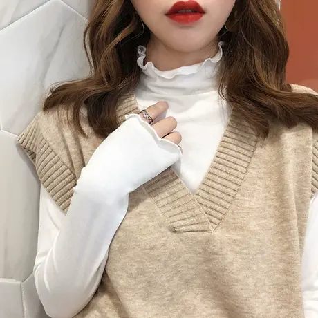 木耳边半高领长袖T恤女秋冬修身洋气德绒德绒打底衫加绒加厚上衣商品大图