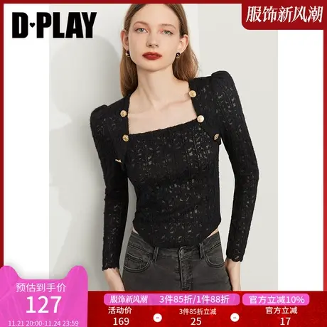 DPLAY秋季法式港风美背方型领袖修身内搭弹力黑色蕾丝打底衫商品大图