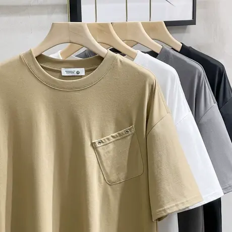 冰丝重磅纯棉口袋设计短袖t恤男2023夏季微宽松美式休闲半袖体恤商品大图