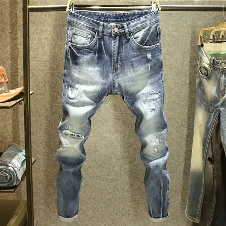 秋冬猫须破洞牛仔裤男款韩版百搭小脚乞丐裤ins潮流修身裤子耐磨商品大图