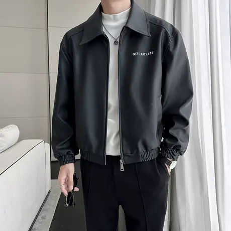 2023秋冬新款韩版防风翻领简约皮衣男士潮流青年夹克上衣小外套男图片