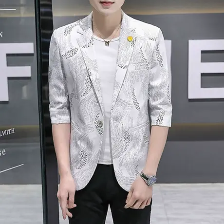 休闲西装男夏季薄款中袖西服韩版修身男装便西暗花痞帅小西装外套商品大图